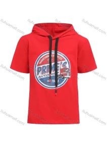 Wholesale Boy's Casual Graphic Short Sleeve Drawstring Hoodie, LIUHUA CLOTHING WHOLESALE