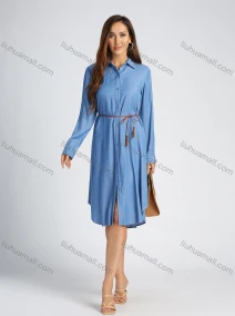 Wholesale Women's Button Front Plain Long Sleeve Knee Length Shirt Dress With Belt, LIUHUA CLOTHING WHOLESALE