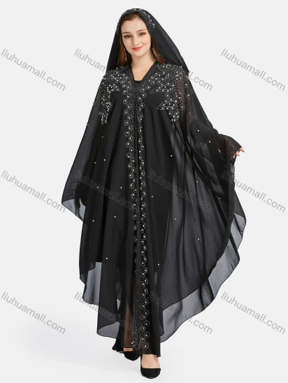 Wholesale Women's Muslim Islamic Plain Rhinestone Pearl Decor Maxi Kaftan With Hijab WQ90#