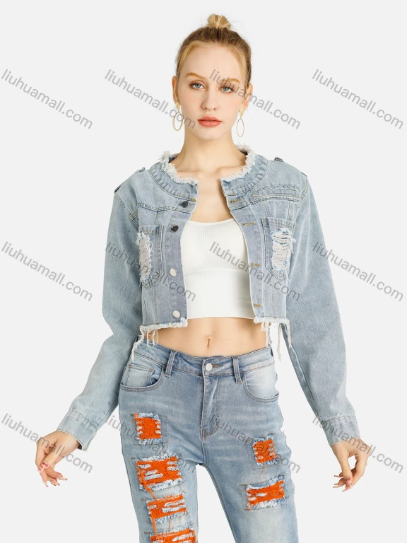 Wholesale Women's Fashion Patch Pocket Ripped Frayed Raw Hem Distressed Crop Denim Jacket
