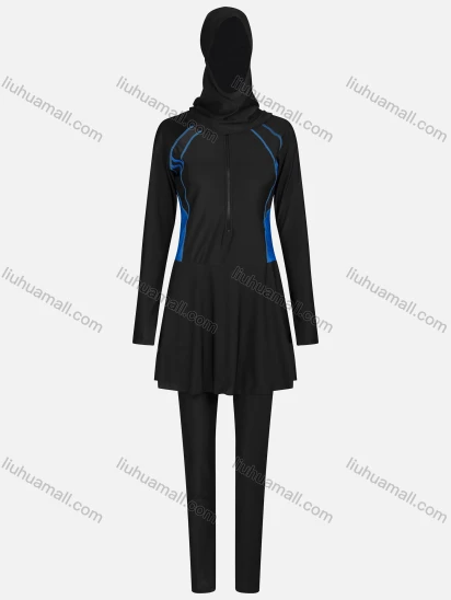 Wholesale Women's Sporty Muslim Plain Splicing Colorblock Zip Front Full Coverage Swimsuit 3 Piece Set 3109#