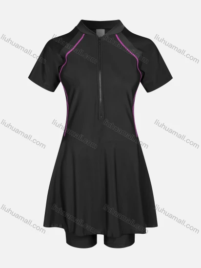 Wholesale Women's Sporty Plain Quarter Zip Short Sleeve Mock Neck Striped Trim Swimsuit 2 Piece Set 39060#