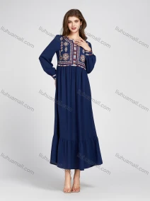 Wholesale Women's Elegant Folk Art Embroidery Ruched Ruffle Hem Notched Neck Long Sleeve Maxi Dress 888-185#, LIUHUA CLOTHING WHOLESALE
