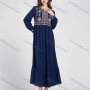 Wholesale Women's Elegant Folk Art Embroidery Ruched Ruffle Hem Notched Neck Long Sleeve Maxi Dress 888-185# preview