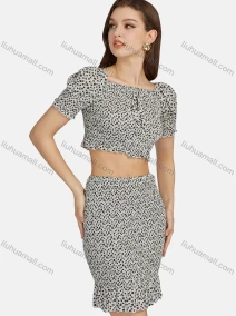Wholesale Women's Casual Bateau Neck Tie Front Short Sleeve Floral Crop Top 2-piece Set 28296#, LIUHUA CLOTHING WHOLESALE