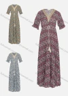 Wholesale Women's Vintage V Neck Long Sleeve Geo Print Tassel Embroidered Midi Dress 202325# - Liuhuamall