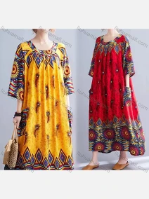 Wholesale Women's Boho Crew Neck 3/4 Sleeve Folkloric Print Maxi Dress, LIUHUA CLOTHING WHOLESALE