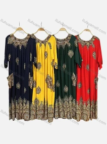 Wholesale Women's Boho Crew Neck 3/4 Sleeve Patch Pocket Folkloric Print Maxi Dress, LIUHUA CLOTHING WHOLESALE