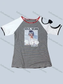 Wholesale Women's Striped Figure Graphic 3D Floral Notch Sleeve Tee, LIUHUA CLOTHING WHOLESALE