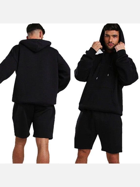 Men's Basic Plain Jogging Sweatshirt Pullover Kangaroo Pocket Hoodie With Shorts 2 Piece Set JM-FSBH9999+JM-FS456#, Clothing Wholesale Market -LIUHUA, MEN, Sets