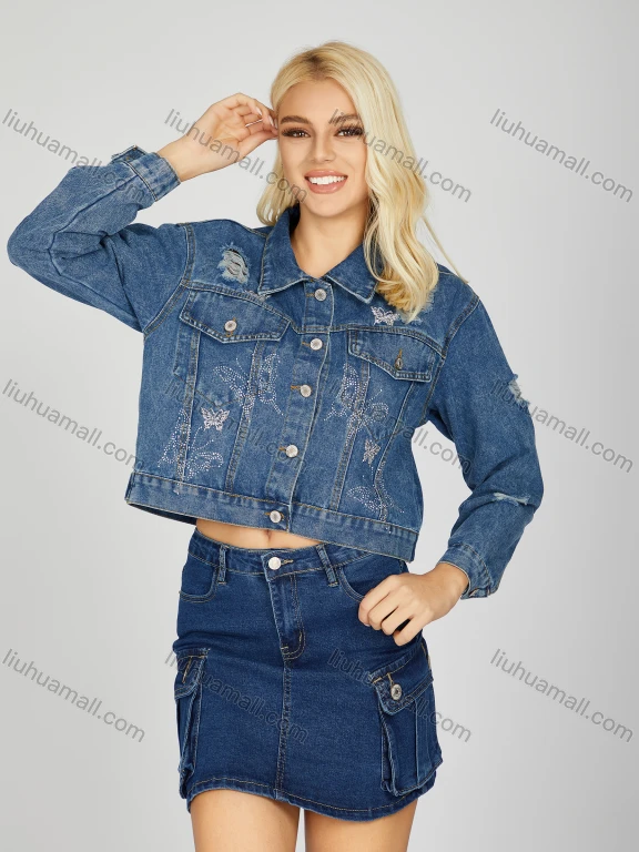 Wholesale Women's Trendy Butterfly Rhinestone Button Down Collared Flap Pockets Ripped Long Sleeve Crop Denim Jacket