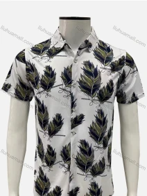 Wholesale Men's Casual Allover Leaf Print Button Down Collared Short Sleeve Shirt, LIUHUA CLOTHING WHOLESALE