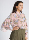 Wholesale Women's Chiffon Collared Allover Floral Print Long Sleeve Button Down Ruffle Trim Blouse - Liuhuamall