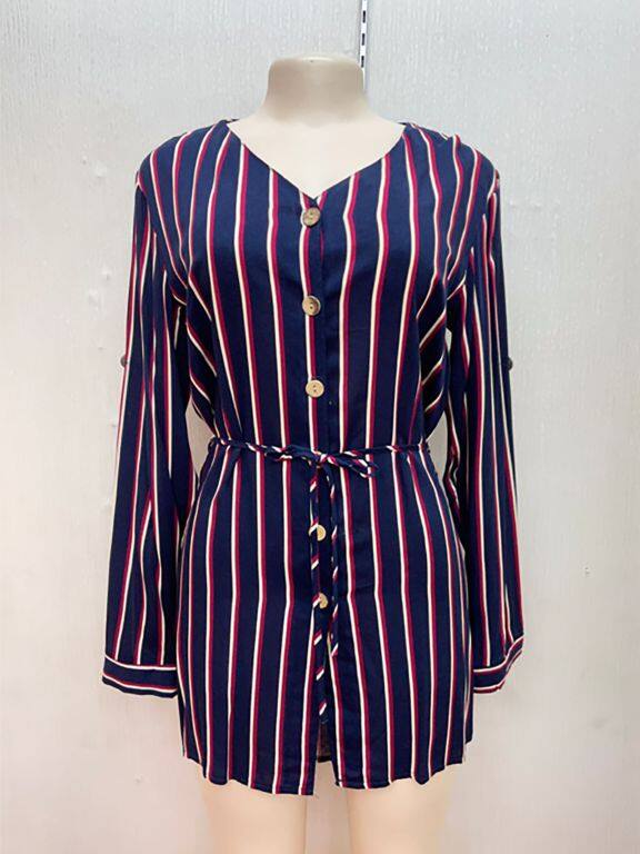 Women's Casual V-Neck Button Down Long Sleeve Striped Short Dress With Belt, LIUHUA Clothing Online Wholesale Market, Women, Women-s-Outerwear
