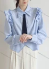Wholesale Women's Casual Collared Shirt Sleeve Ruffle Trim Tie Front Notched Hem Plain Shirts 225347# - Liuhuamall