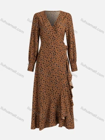 Wholesale Women's Casual Dalmatian Print Wrap V Neck Ruffle Trim Lace Up Long Sleeve Midi Dress 3301X#, LIUHUA CLOTHING WHOLESALE