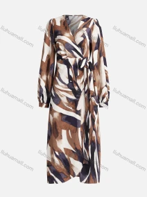Wholesale Women's Casual Abstract Print Wrap V Neck Ruched Lace Up Long Sleeve Midi Dress A8428H#, LIUHUA CLOTHING WHOLESALE