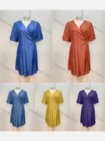 Wholesale Women's Casual Wrap V Neck Lace Up Plain Short Dress, LIUHUA CLOTHING WHOLESALE