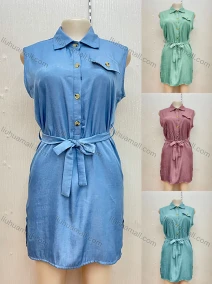 Wholesale Women's Casual Sleeveless Buttons Fake Pocket Lace Up Shirt Dress, LIUHUA CLOTHING WHOLESALE