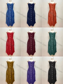 Wholesale Women's Casual Button Down Pockets Ruffle Detail Curved Hem Cami Dress, LIUHUA CLOTHING WHOLESALE