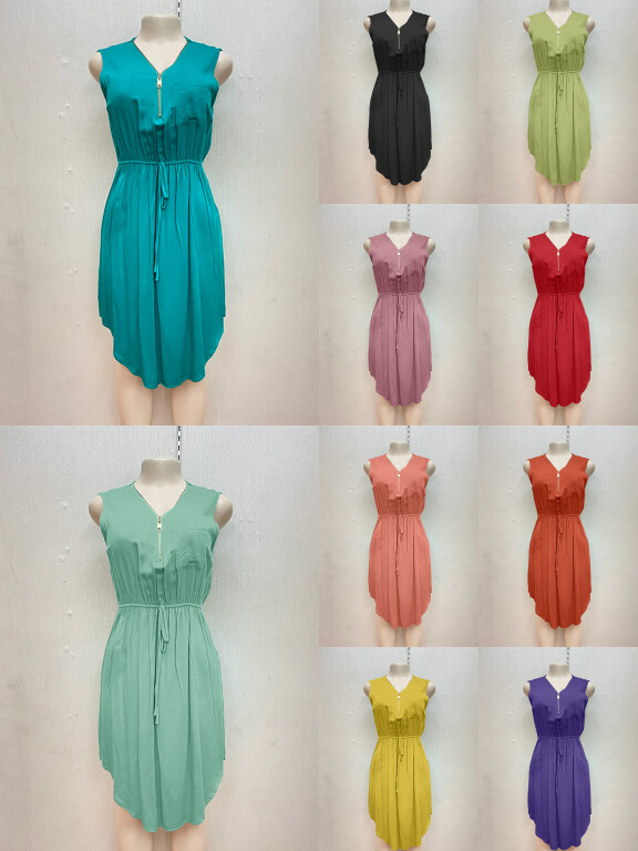 Women's Casual V Neck Half-zip Sleeveless Drawstring Curved Hem Midi Dress, Clothing Wholesale Market -LIUHUA, Women, Women-s-Clothing-Sets