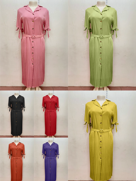 Women's Casual Lapel Lace Up Button Down Belted Plain Maxi Dress, Clothing Wholesale Market -LIUHUA, Women, Women-s-Clothing-Sets