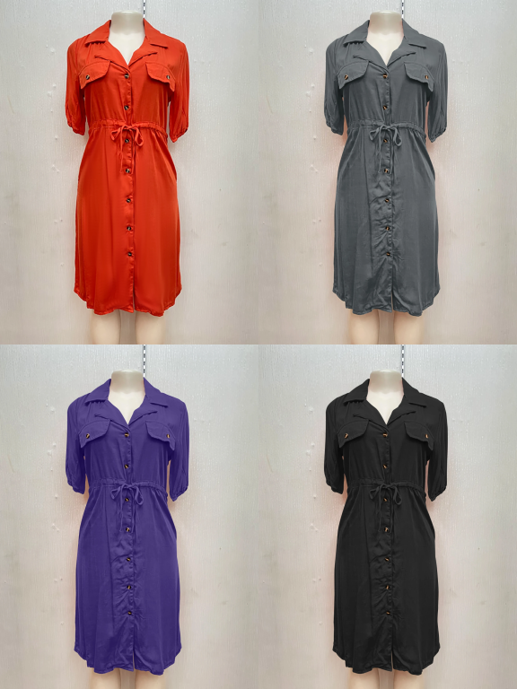 Women's Casual Lapel Button Down Fake Pockets Drawstring Plain Midi Dress, Clothing Wholesale Market -LIUHUA, Women, Women-s-Clothing-Sets