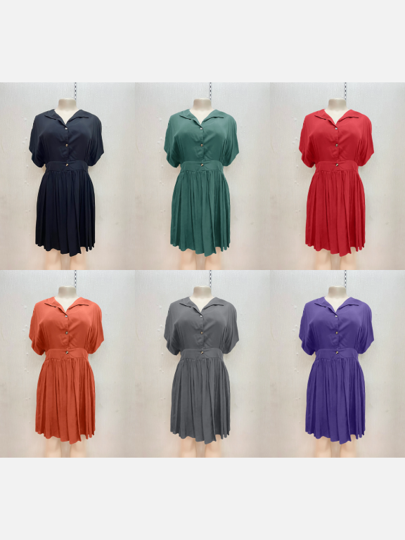 Women's Lapel Buttons Ruffle Hem Plain A Line Short Dress, Clothing Wholesale Market -LIUHUA, Women, Women-s-Clothing-Sets