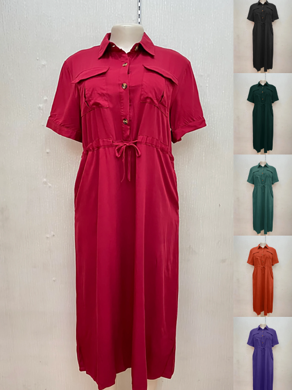 Women's Casual Short Sleeve Pockets Drawstring Plain Midi Shirt Dress, Clothing Wholesale Market -LIUHUA, Women, Women-s-Clothing-Sets