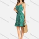 Wholesale Women's Elegant Allover Print V Neck Buttons Front Ruffle Hem Short Cami Dress With Belt Caribbean Green Clothing Wholesale Market Liuhua