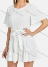 Wholesale Women's Round Neck Short Sleeve Swiss Dot Embroidered Ruffle Hem Plain Dress - Liuhuamall