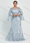 Wholesale Women's Glamorous Bell Sleeve Lace Mermaid Floor Length Evening Dress With Belt - Liuhuamall