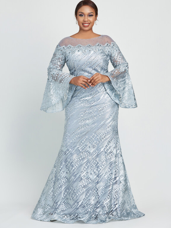 Women's Glamorous Bell Sleeve Lace Mermaid Floor Length Evening Dress With Belt, Clothing Wholesale Market -LIUHUA, 