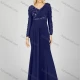 Wholesale Women's Fashion Plain Pleated Sequin Beaded Split Side V Neck Long Sleeve Maxi Mermaid Evening Dress Navy Clothing Wholesale Market Liuhua