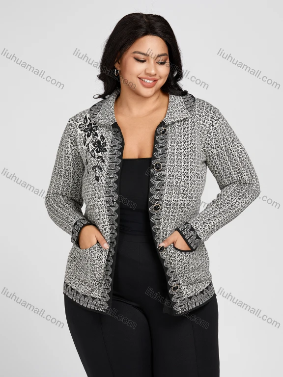Wholesale Women's Plus Size Collared Floral Print Double Patch Pockets Knitted Jackets 3317#