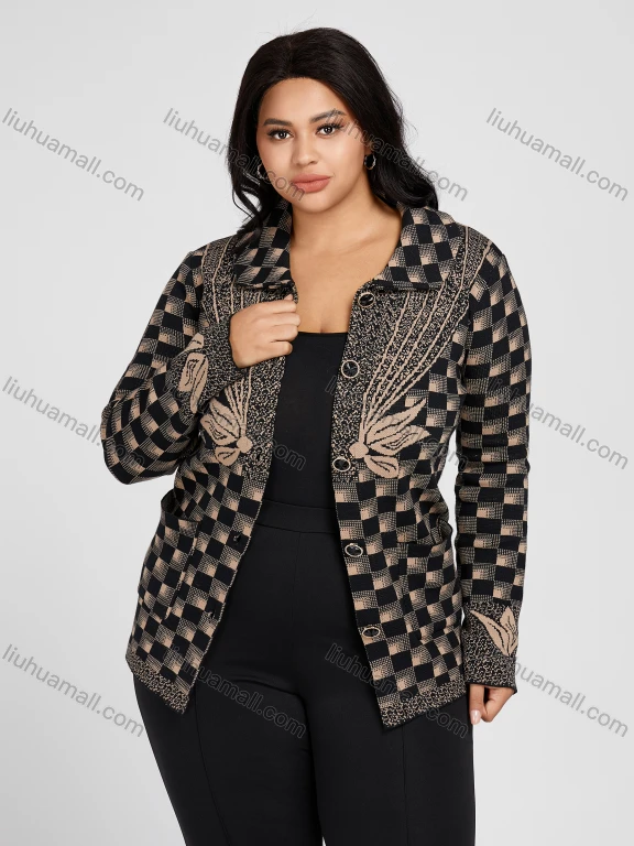 Wholesale Women's Plus Size Collared Checkerboard Print Double Patch Pockets Knitted Jackets 3316#
