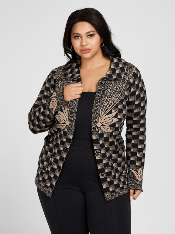 Women's Plus Size Collared Checkerboard Print Double Patch Pockets Knitted Jackets 3316#, Clothing Wholesale Market -LIUHUA, WOMEN, Sweaters-Knits