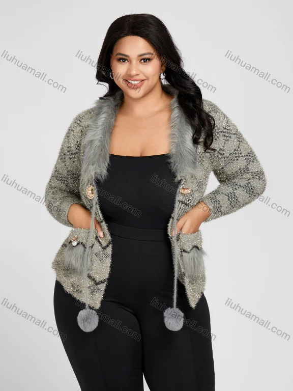 Wholesale Women's Plus Size Plush Pom Pom Double Pocket Cardigan 1036#