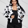 Wholesale Women's Plus Size Cow Print Double Pockets Zipper Crop Fluffy Jackets 1033# preview