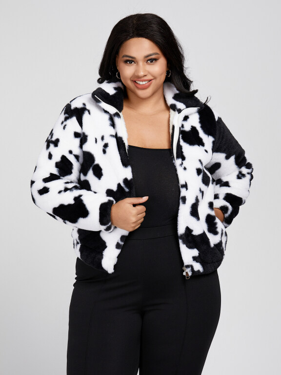 Women's Plus Size Cow Print Double Pockets Zipper Crop Fluffy Jackets 1033#, Clothing Wholesale Market -LIUHUA, WOMEN, Sweaters-Knits
