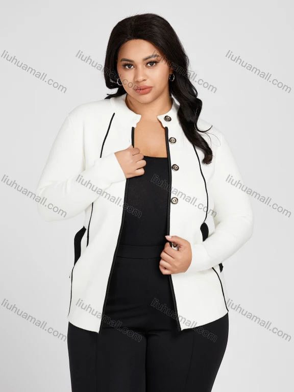 Wholesale Women's Plus Size Mock Neck Button Down Double Pockets Long Sleeve Knitted Jackets 1001#