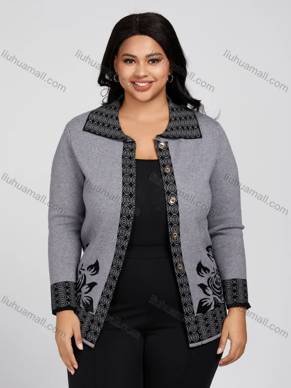 Wholesale Women's Plus Size Collared Floral Print Double Pockets Coat Knitted Jackets 02311#