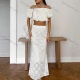 Wholesale Women's Elegant Plain Off Shoulder Short Sleeve Guipure Lace Ruched Crop Top & Maxi Skirts 2 Piece Set White Clothing Wholesale Market Liuhua