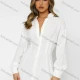 Wholesale Women's Elegant Plain Collared Drop Shoulder Long Sleeve Button Down Curved Hem Ruched Peplum Shirt Dress White Clothing Wholesale Market Liuhua