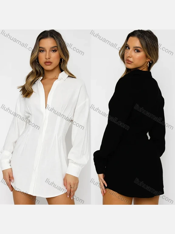 Wholesale Women's Elegant Plain Collared Drop Shoulder Long Sleeve Button Down Curved Hem Ruched Peplum Shirt Dress
