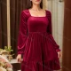 Wholesale Women's Elegant Plain Square Neck Lace Up Back Velvet Long Sleeve Ruched Ruffle Hem Short Dress Red Clothing Wholesale Market Liuhua