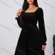 Wholesale Women's Elegant Plain Square Neck Lace Up Back Velvet Long Sleeve Ruched Ruffle Hem Short Dress Black Clothing Wholesale Market Liuhua