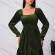 Wholesale Women's Elegant Plain Square Neck Lace Up Back Velvet Long Sleeve Ruched Ruffle Hem Short Dress Army Green Clothing Wholesale Market Liuhua