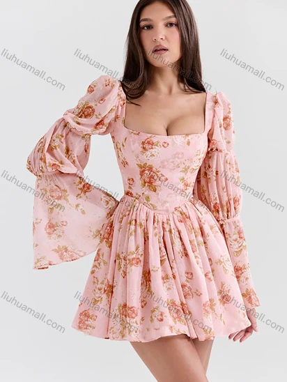 Wholesale Women's Sexy Floral Print Square Neck Low Cut Corset Long Sleeve Ruched Peplum Mini Dress