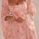Wholesale Women's Sexy Floral Print Square Neck Low Cut Corset Long Sleeve Ruched Peplum Mini Dress Pink Clothing Wholesale Market Liuhua